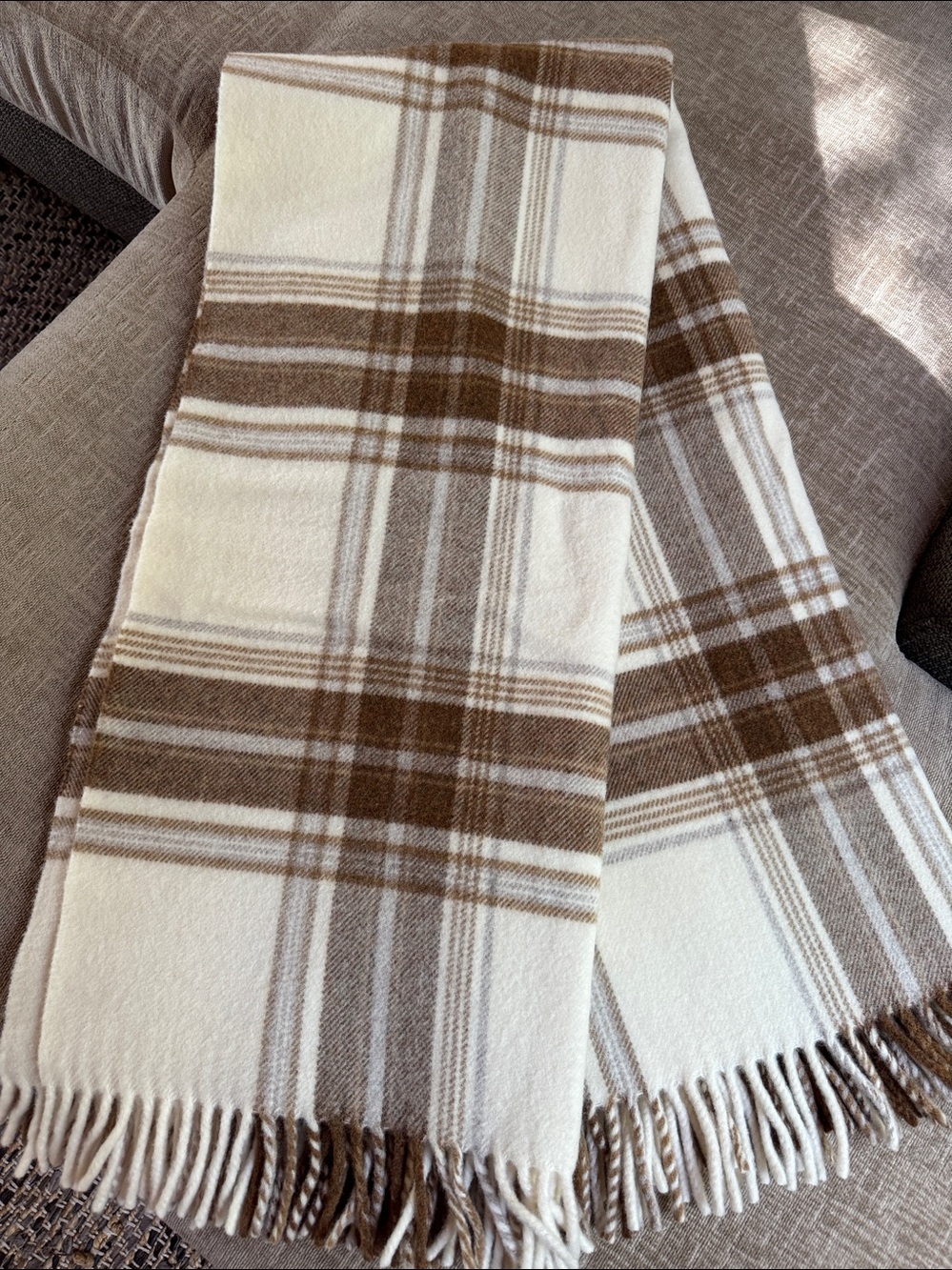 Pottery Barn Cream and Brown Plaid 💯% Wool Throw 52"x64"